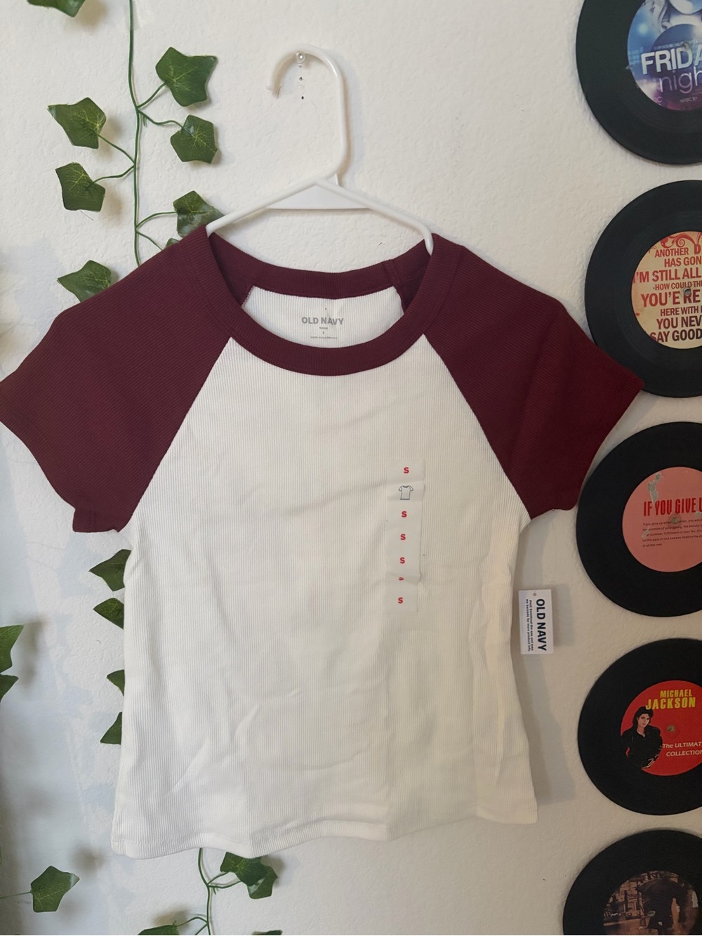 Old Navy White Tee with Burgundy Raglan Sleeves